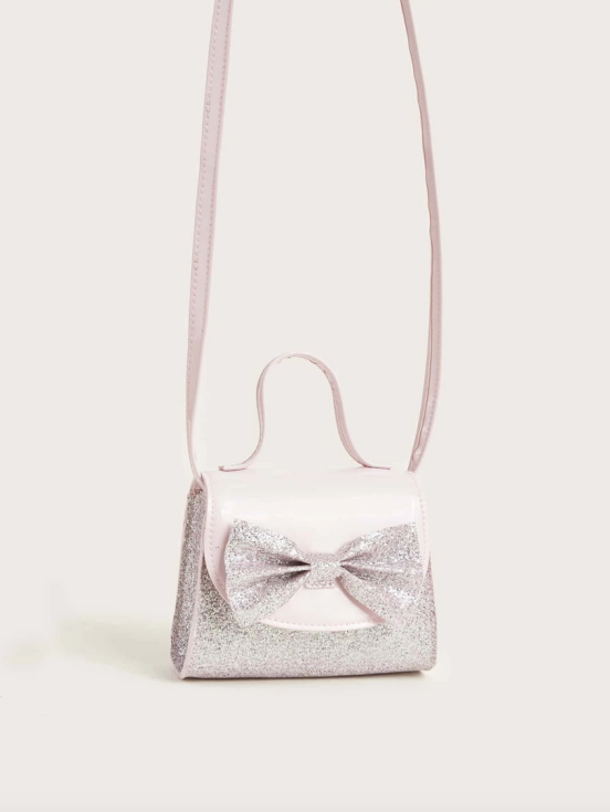 rosa handväska flicka, barnväska med glitter, flickaccessoarer, elegant barnväska, handväska med rosett, flickväskor för speciella tillfällen, barnmode, praktisk flickväska