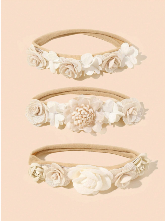 tryckfria hårband, flickors hårband, hårband med blommor, 3-pack hårband, krem hårband, beige hårband, bruna hårband, barnaccessoarer, elegant flickaccessoar