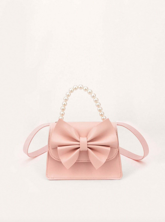 rosa handväska för flickor, flickväskor, barnhandväska, elegant handväska, rosett och pärlor, present till flicka, små flickors accessoarer