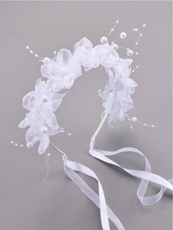 hårband för flickor, vitt hårband, festligt hårband, hårband med blommor och pärlor, dopaccessoar, bröllopshårband, hårband till högtider, barnhårband, elastiskt hårband för flickor