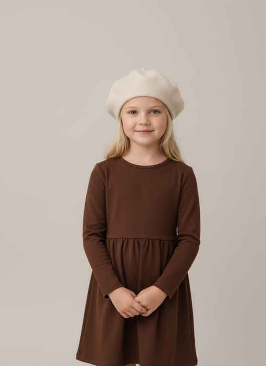 Beige barnbasker med pompom på leende flicka utomhus