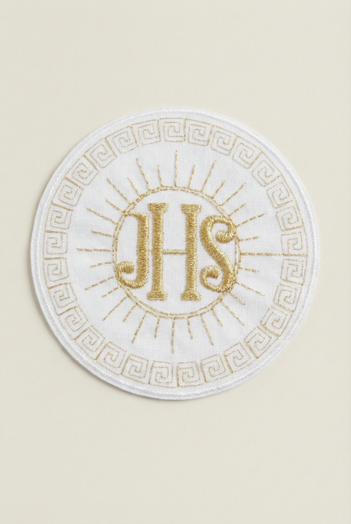 IHS applikation, kommunion dekoration, tygmärke guld, broderad hostia, första kommunionen tillbehör, sybehör kommunion, religiösa symboler