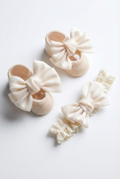 beige spetsstrumpor, tryckfritt hårband, dopkläder bebis, festfin bebis, halkfria strumpor, hårband rosett, babyshower present, accessoarer barn