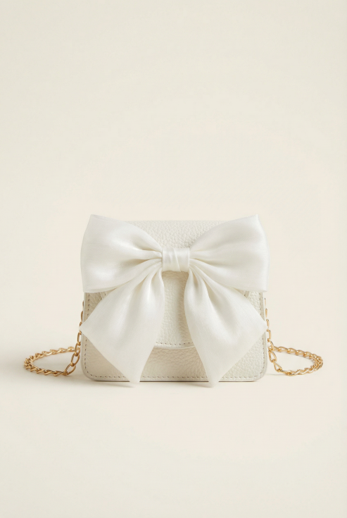 handväska för flickor, vit barnväska, elegant flickväska, väska med rosett, barnväska med kedja, present till flicka, festväska för barn, högtidlig barnväska