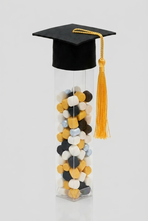 examensrör med studentmössa, genomskinliga diplomrör, godisrör till examensfest, gästpresent skolavslutning, ZOYA Fashion