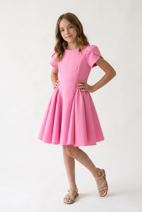 rosa klänning Rumi, tulpanärmar klänning för flicka, veckad festklänning barn, kalasklänning rosa, ZOYA Fashion